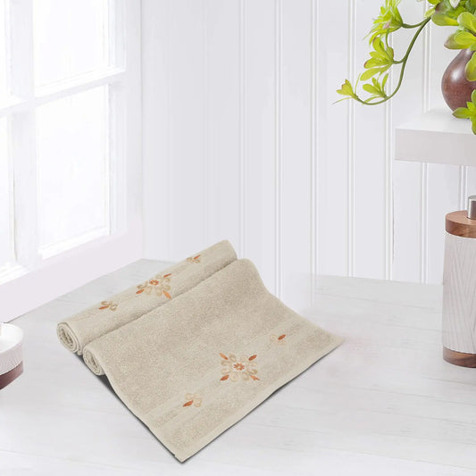 Beige Cotton 500 GSM 2-Piece Embroidered Hand Towel Set - LUSH & BEYOND