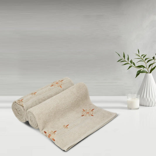Beige Cotton 500 GSM 2-Piece Embroidered Bath Towel Set - LUSH & BEYOND
