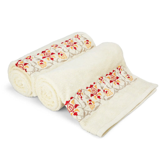 Cream Cotton 500 GSM 2-Piece Embroidered Bath Towel Set - LUSH & BEYOND