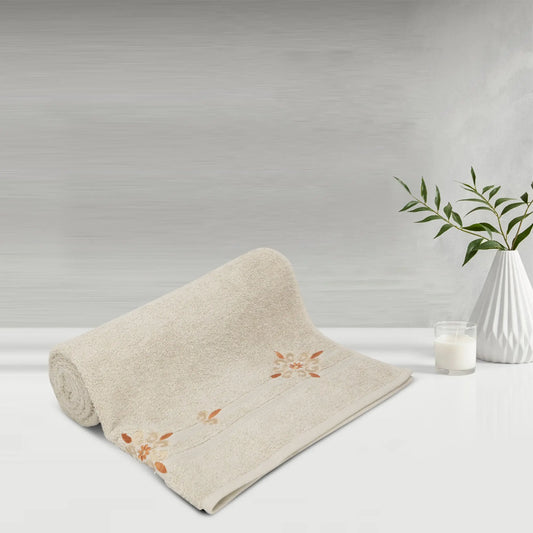 Beige Cotton 500 GSM Embroidered Bath Towel - LUSH & BEYOND