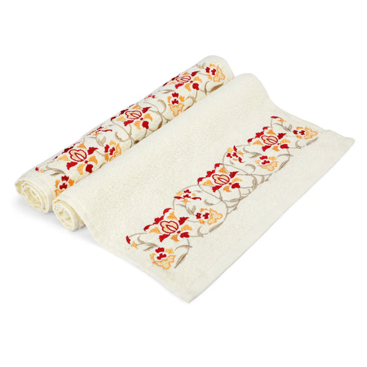 Cream Cotton 500 GSM 2-Piece Embroidered Hand Towel Set - LUSH & BEYOND