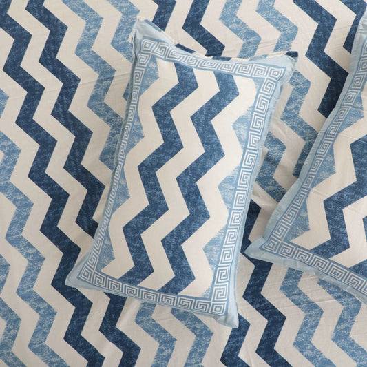 LUSH & BEYOND 100% Soft Cotton Geometric Print King Size Bedsheet with 2 Pillow Covers (Blue) - LUSH & BEYOND