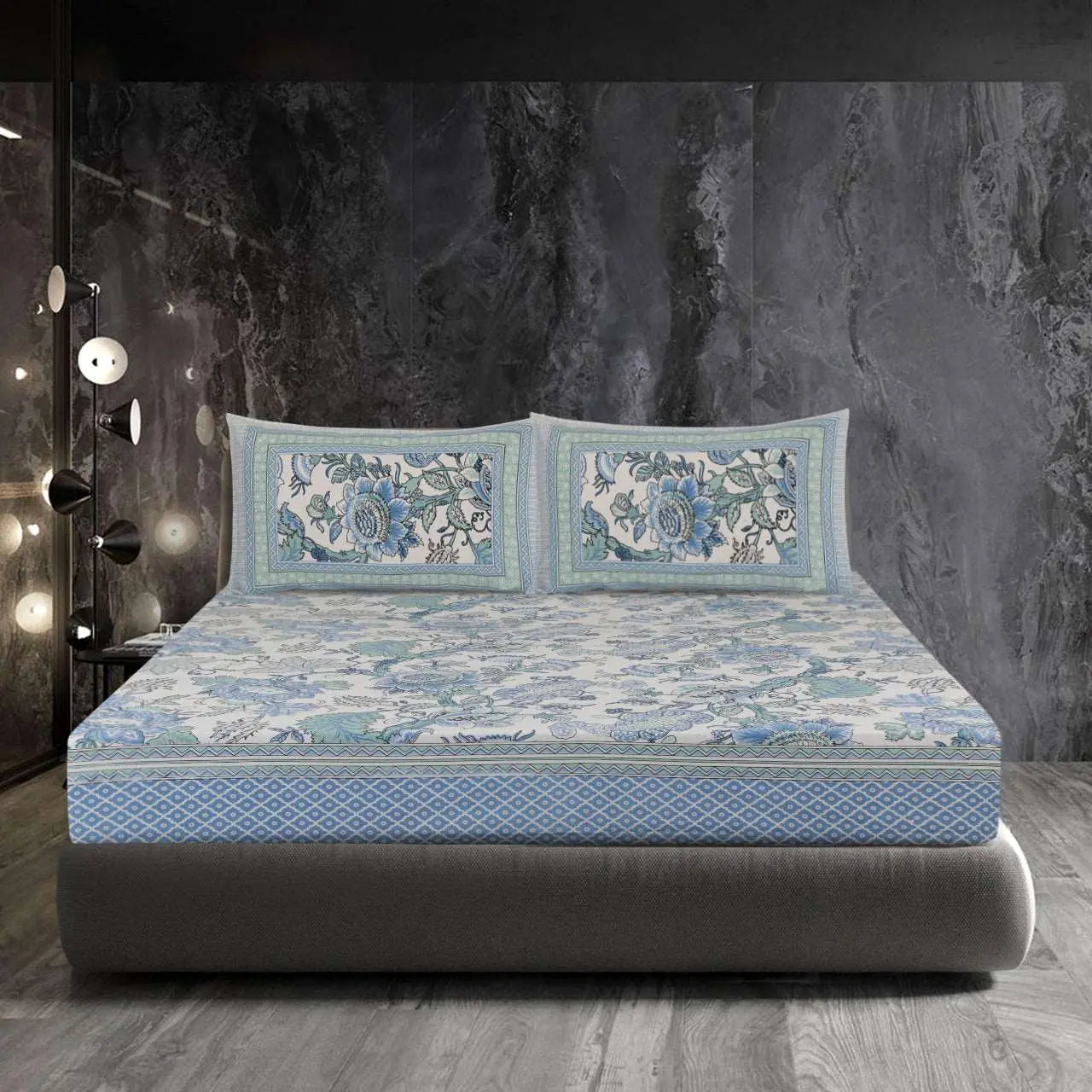 Blue Premium 300TC Printed Cotton Bedsheet Set