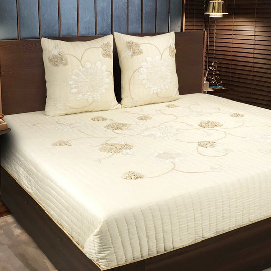Cream Cotton Embroidered Bedcover