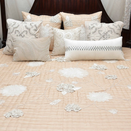 Beige Linen & Faux Silk Embroidered Bedcover