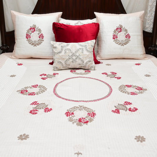 White Tafta Silk Embroidered Bedcover - LUSH & BEYOND
