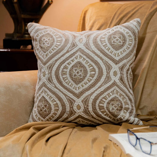 Beige Velvet Embellished Cushion Cover