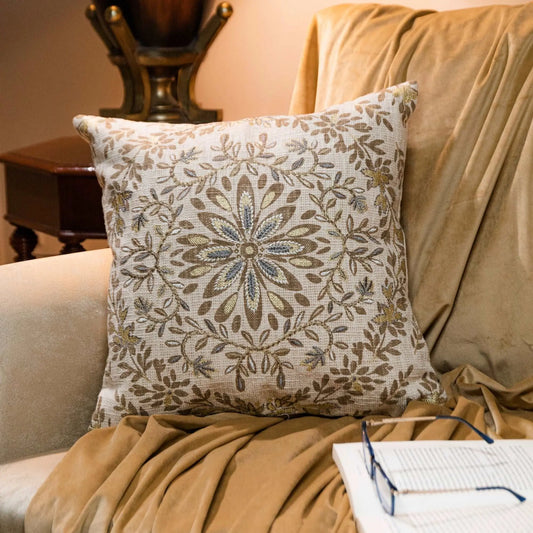 Cream Cotton Printed & Embroidered Cushion Cover