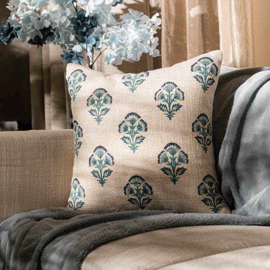 Beige Cotton Printed & Embroidered Cushion Cover