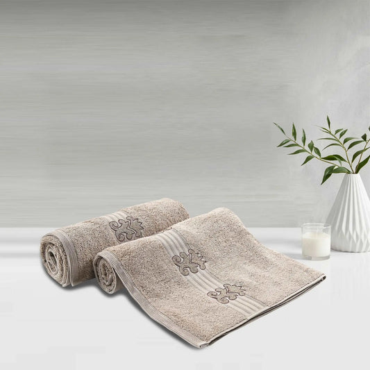 Beige Cotton 500 GSM 2-Piece Embroidered Bath Towel Set