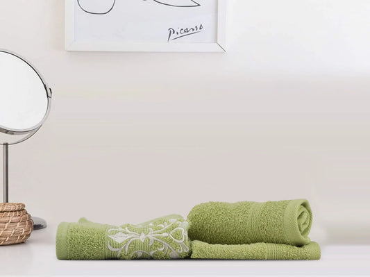 Leaf Green Cotton 500 GSM 2 Embroidered Face Towels & 1 Hand Towel Set (Set of 3) - LUSH & BEYOND