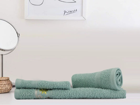 Teal Cotton 500 GSM 2 Embroidered Face Towels & 1 Hand Towel Set (Set of 3) - LUSH & BEYOND