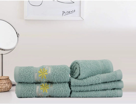 Teal Cotton 500 GSM 4 Embroidered Face Towels & 2 Hand Towels Set (Set of 6) - LUSH & BEYOND
