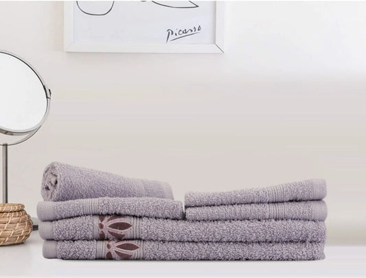 Lavender Cotton 500 GSM 4 Embroidered Face Towels & 2 Hand Towels Set (Set of 6) - LUSH & BEYOND