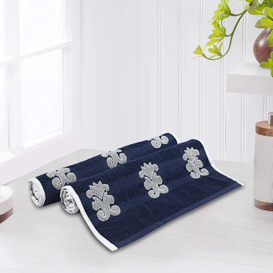 Navy Blue Cotton 500 GSM 2-Piece Embroidered Hand Towel Set - LUSH & BEYOND