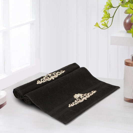 Black Cotton 500 GSM 2-Piece Embroidered Hand Towel Set