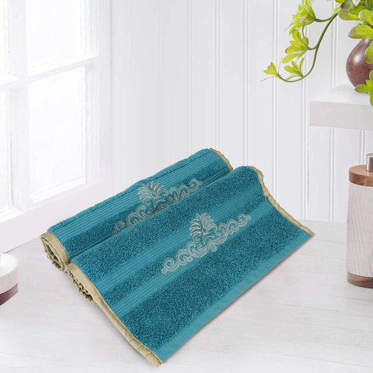 Aqua Blue Cotton 500 GSM 2-Piece Embroidered Hand Towel Set