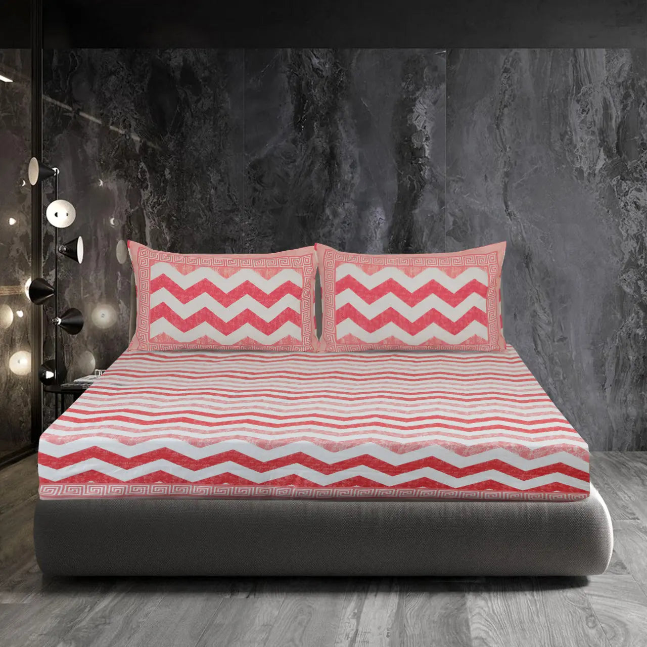 LUSH & BEYOND 100% Soft Cotton Geometric Print King Size Bedsheet with 2 Pillow Covers (Red) - LUSH & BEYOND