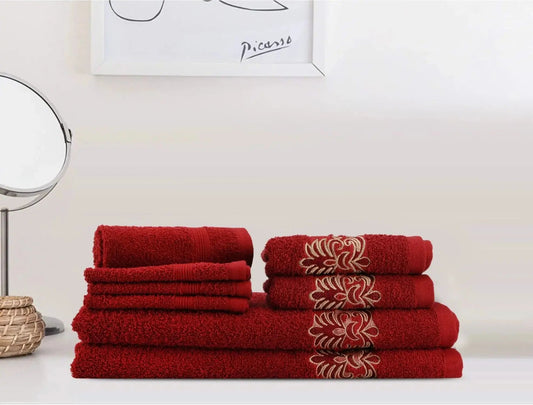 LUSH & BEYOND 100% Cotton 8 Piece Face, Hand & Bath Towel Set 500 GSM (Red) - LUSH & BEYOND