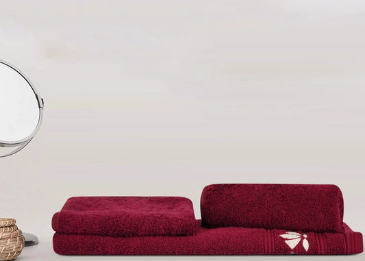 Maroon Cotton 500 GSM 2 Embroidered Face Towels & 1 Hand Towel Set (Set of 3) - LUSH & BEYOND