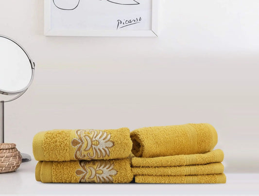 LUSH & BEYOND 500 GSM 4 Face (11.81 X11.81 inches) & 2 Hand(23.60 X15.74 inches) Towel Set of 6 | 100% Cotton |Ultra Soft, Absorbent & Quick Dry Towel for Gym, Pool, Travel, Spa and Yoga, Mustard - LUSH & BEYOND